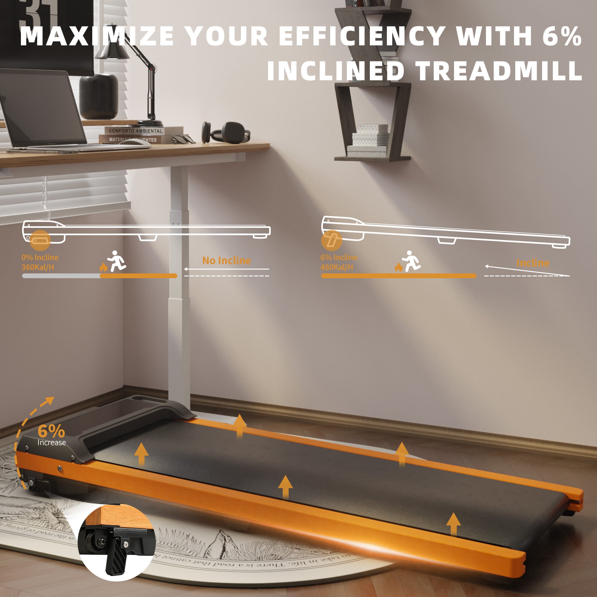6% Incline Walking Pad Treadmill - Portable Compact Treadmills Under Desk Treadmill, Incline Treadmills For Home Office, Upright Stand, 1HP Portable Treadmill With 220 Lbs Capacity,LED Display_voghion.com
